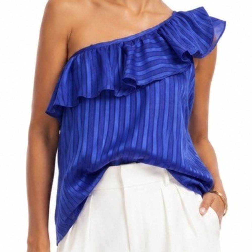 White House Black Market Blue One Shoulder Ruffle Stripe Blouse Top Size 14